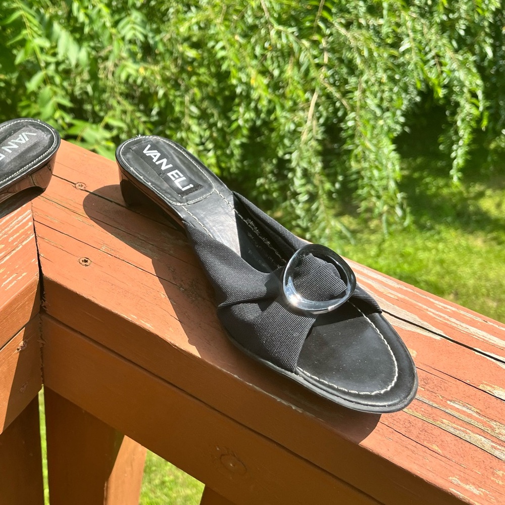 Vaneli Black Fabric Slide Sandals with Black Buckle Accent